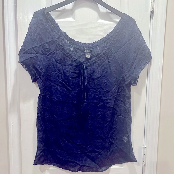 LUCKY BRAND Tassel Tie Split Neck Top peasant blouse Sheer medallion lace - Picture 1 of 10
